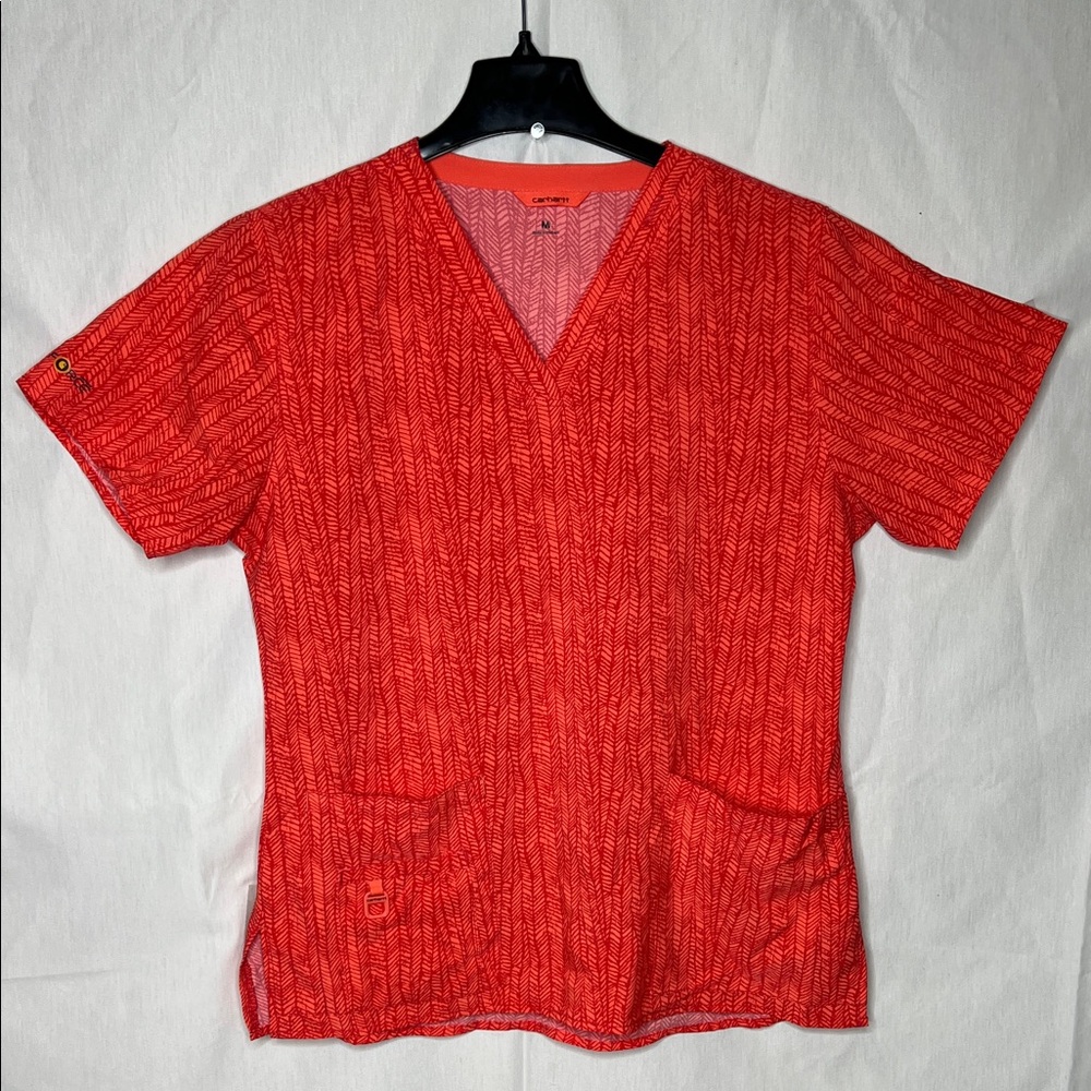 Carhartt Force Womens Scrub Top Medium Orange Red Herringbone V-Neck Medical